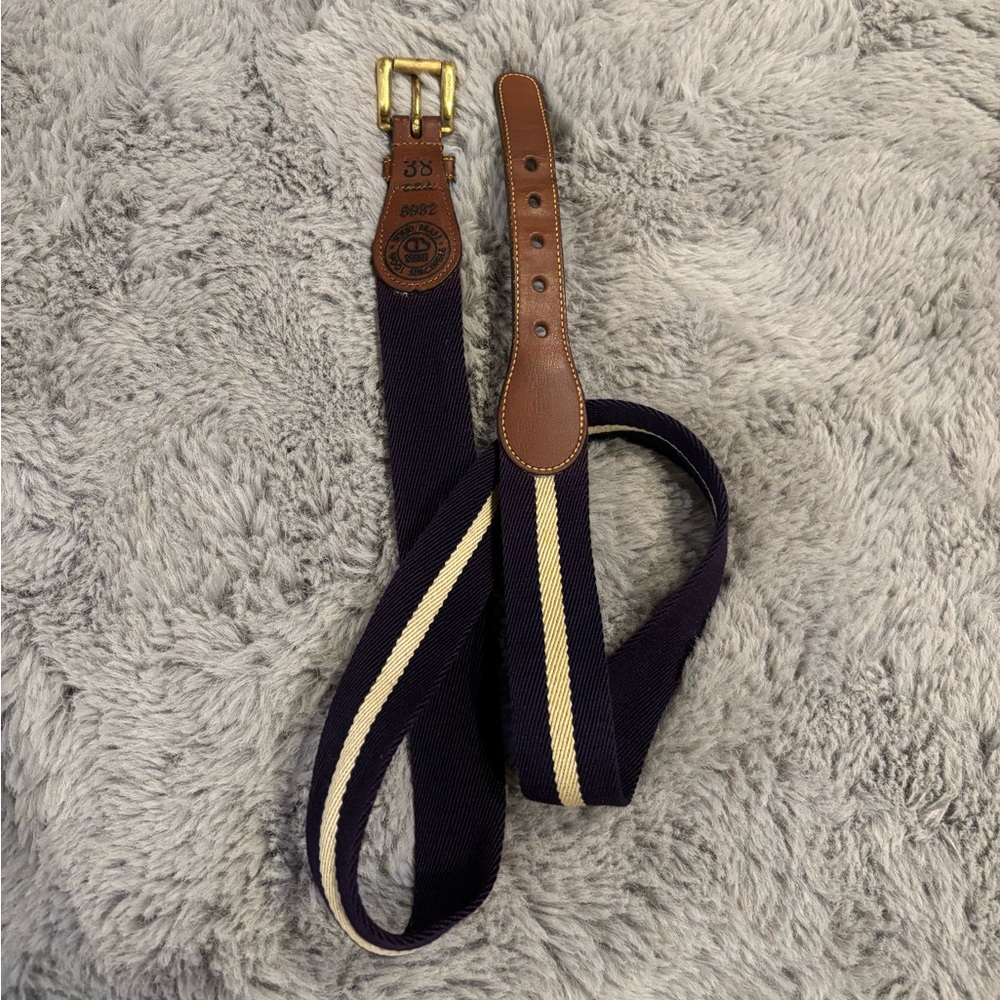 2/$15 Dooney Bourke Sz 38 Brown Leather Purple Beige Canvas Brass Wool Surcingle